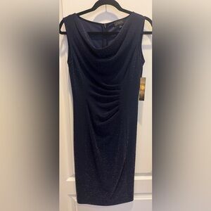 TAHARI ASL Dark Blue Sparkle Sleeveless Drape Neck Side Ruched Dress 6 NWT